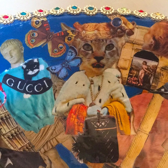 Hand Crafted Vintage Bowl Colorful Cats Designer Fashion Rome Decoupage Art - Picture 7 of 11
